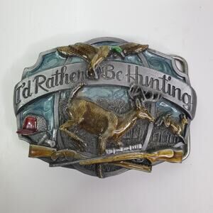 Vtg Siskiyou Belt Buckle I'd Rather Be Hunting Deer Buck Duck Rifle Guns 1987 3"
